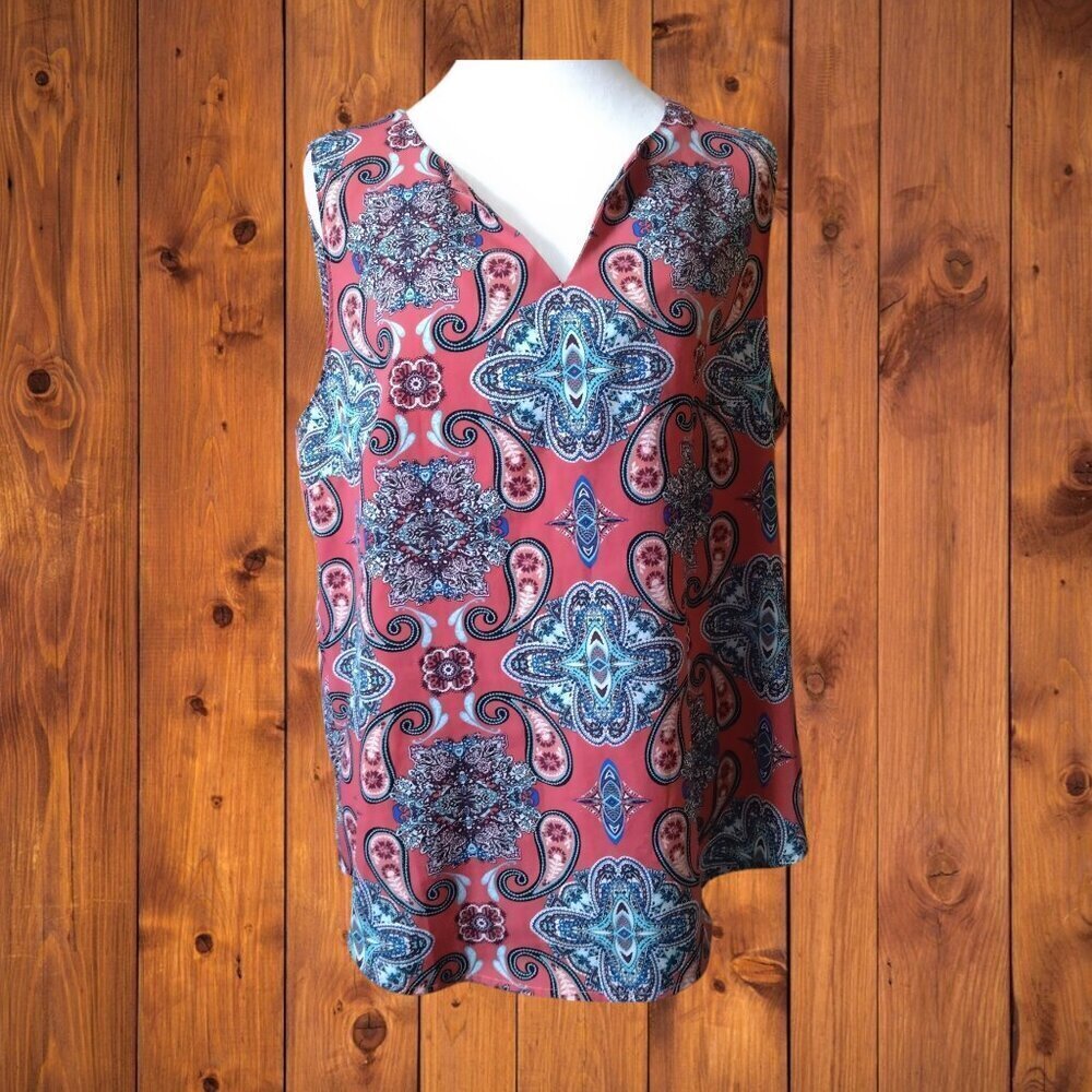 Verse Size XL Sleeveless Paisley Split Neck Blouse Pink Pullover